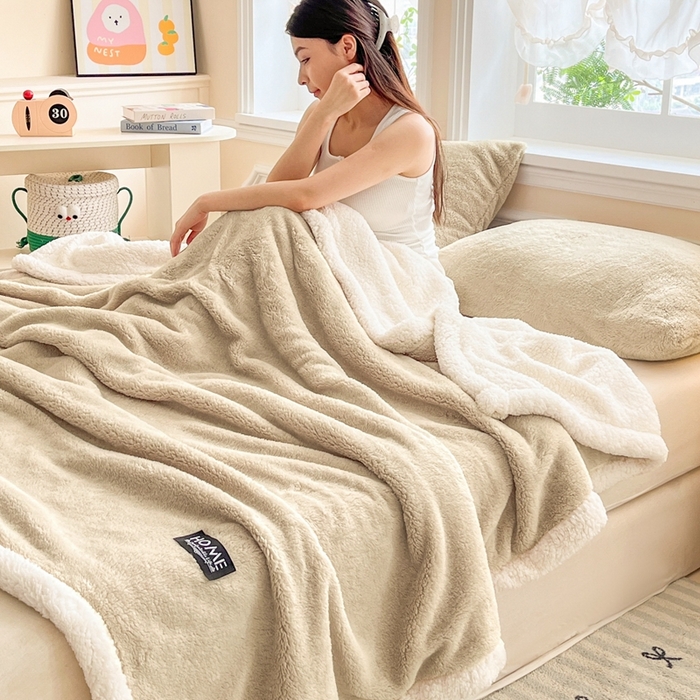 91家纺网 家纺一手货源 找家纺 欧邦 2025新款A类舒棉半边绒羊羔绒双层毛毯跨境 双层-柏林咖