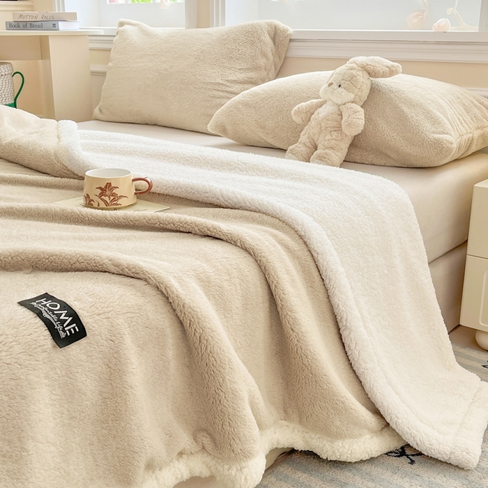 91家纺网 家纺一手货源 找家纺 欧邦 2025新款A类舒棉半边绒羊羔绒双层毛毯跨境 双层-柏林咖