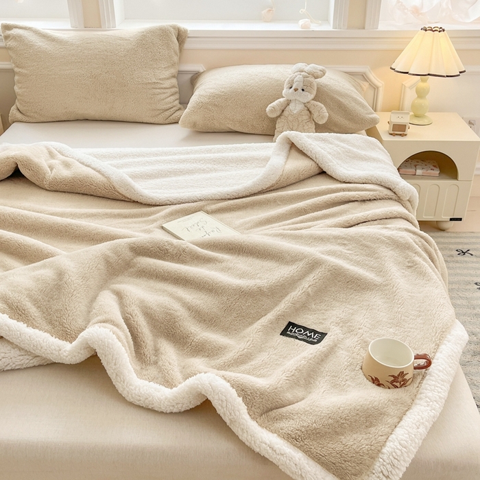 91家纺网 家纺一手货源 找家纺 欧邦 2025新款A类舒棉半边绒羊羔绒双层毛毯跨境 双层-柏林咖