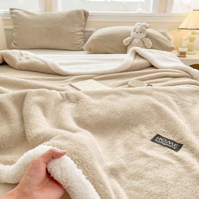 91家纺网 家纺一手货源 找家纺 欧邦 2025新款A类舒棉半边绒羊羔绒双层毛毯跨境 双层-柏林咖