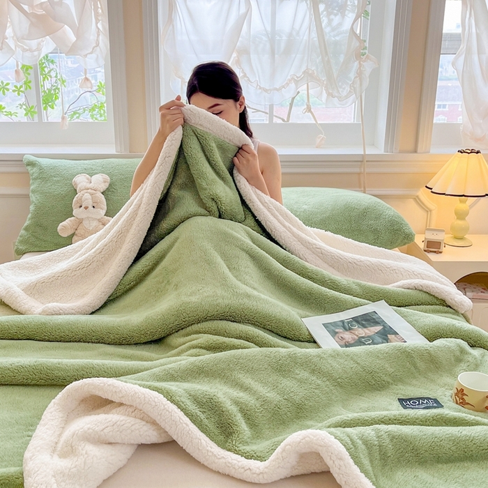 91家纺网 家纺一手货源 找家纺 欧邦 2025新款A类舒棉半边绒羊羔绒双层毛毯跨境 双层-果酱绿