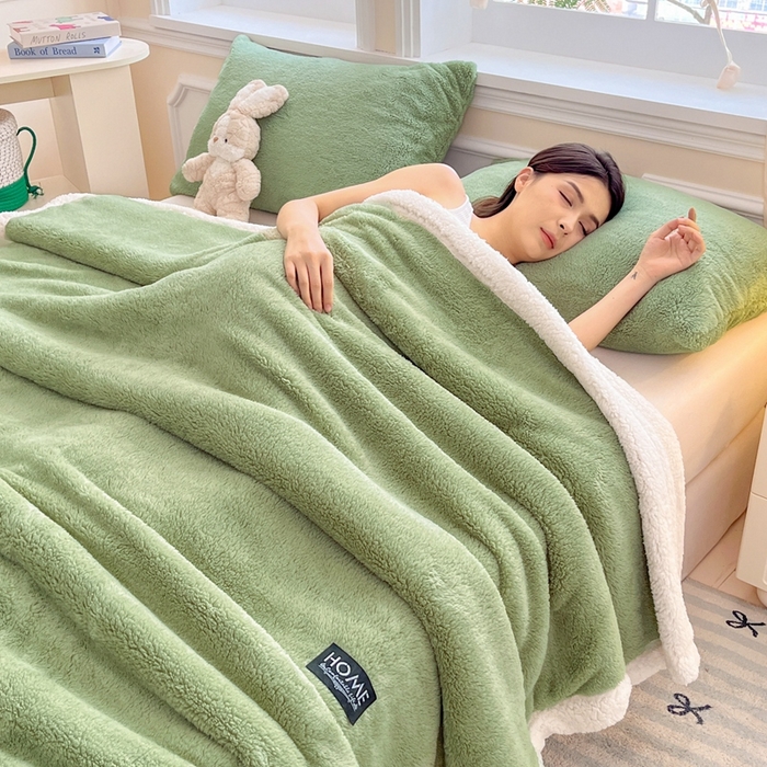 91家纺网 家纺一手货源 找家纺 欧邦 2025新款A类舒棉半边绒羊羔绒双层毛毯跨境 双层-果酱绿