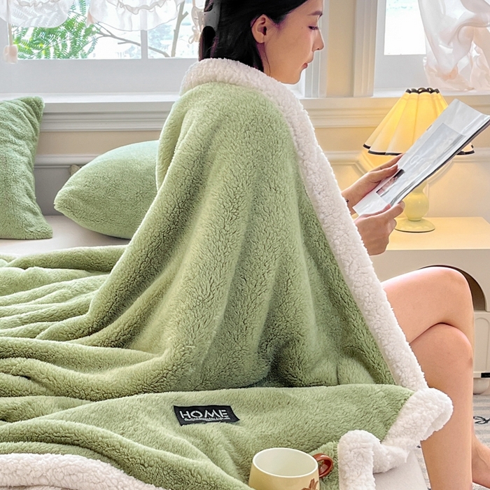91家纺网 家纺一手货源 找家纺 欧邦 2025新款A类舒棉半边绒羊羔绒双层毛毯跨境 双层-果酱绿