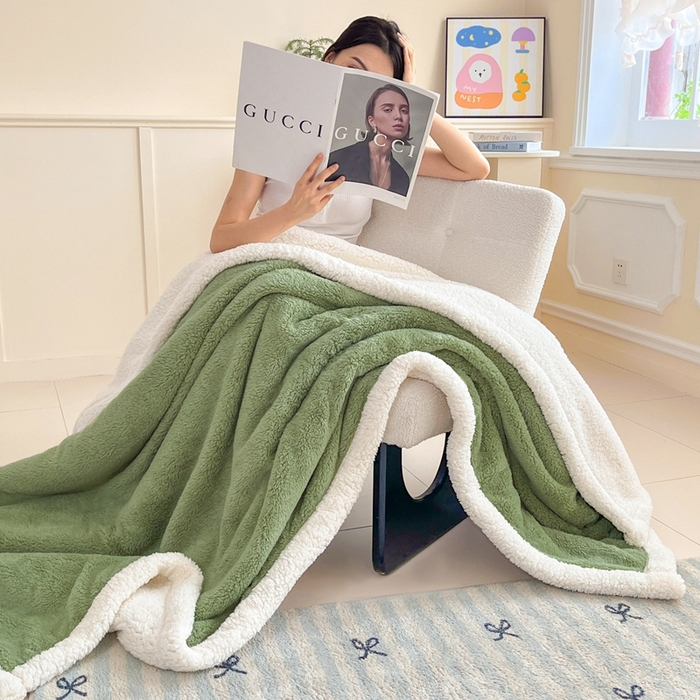 91家纺网 家纺一手货源 找家纺 欧邦 2025新款A类舒棉半边绒羊羔绒双层毛毯跨境 双层-果酱绿