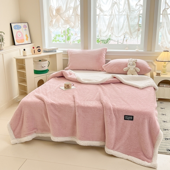 91家纺网 家纺一手货源 找家纺 欧邦 2025新款A类舒棉半边绒羊羔绒双层毛毯跨境 双层-浪漫粉