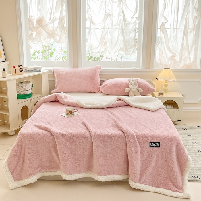 91家纺网 家纺一手货源 找家纺 欧邦 2025新款A类舒棉半边绒羊羔绒双层毛毯跨境 双层-浪漫粉