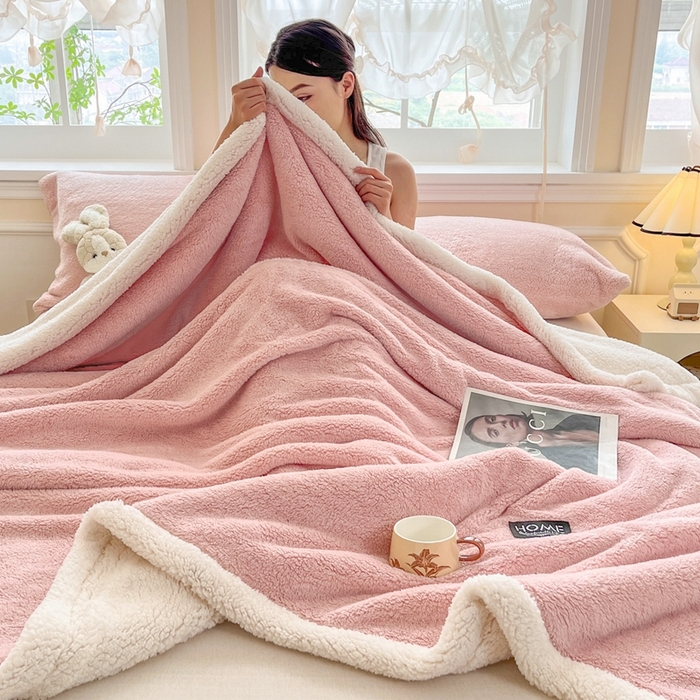 91家纺网 家纺一手货源 找家纺 欧邦 2025新款A类舒棉半边绒羊羔绒双层毛毯跨境 双层-浪漫粉