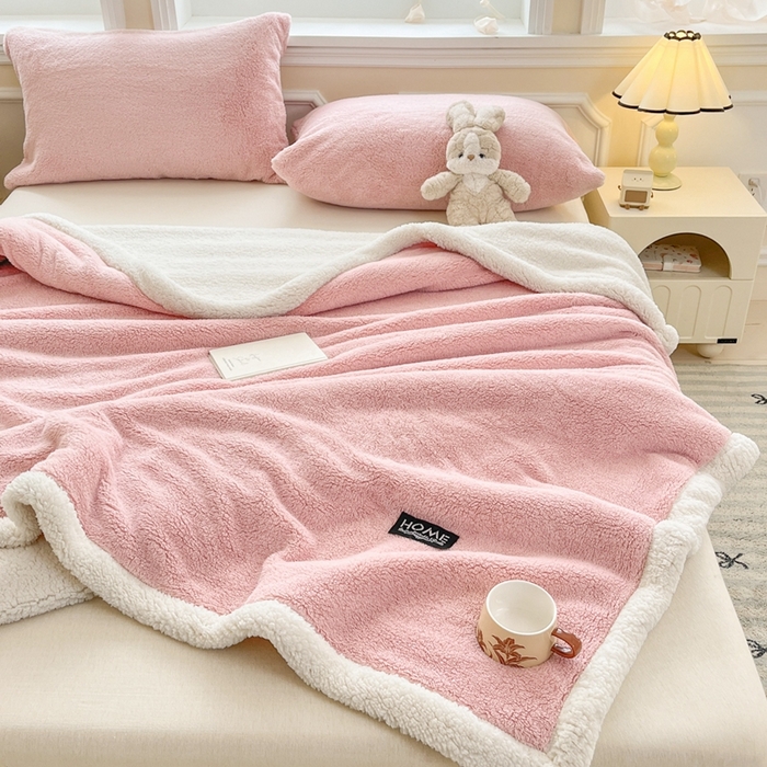 91家纺网 家纺一手货源 找家纺 欧邦 2025新款A类舒棉半边绒羊羔绒双层毛毯跨境 双层-浪漫粉