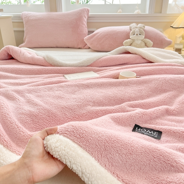 91家纺网 家纺一手货源 找家纺 欧邦 2025新款A类舒棉半边绒羊羔绒双层毛毯跨境 双层-浪漫粉
