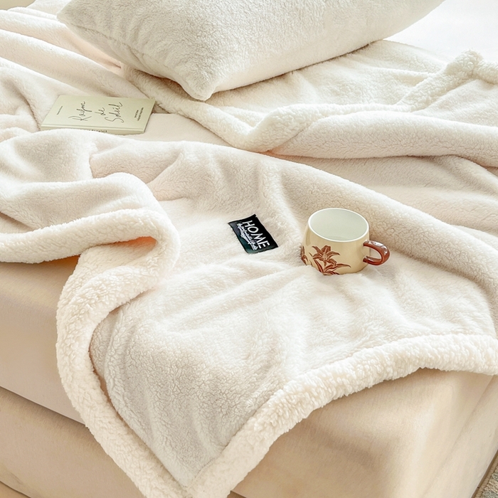 91家纺网 家纺一手货源 找家纺 欧邦 2025新款A类舒棉半边绒羊羔绒双层毛毯跨境 双层-素雅白