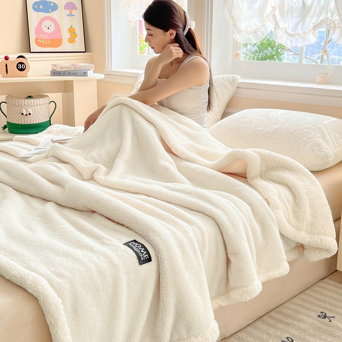 91家纺网 家纺一手货源 找家纺 欧邦 2025新款A类舒棉半边绒羊羔绒双层毛毯跨境 双层-素雅白