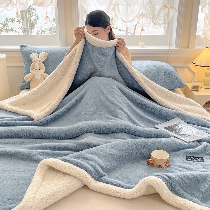 91家纺网 家纺一手货源 找家纺 欧邦 2025新款A类舒棉半边绒羊羔绒双层毛毯跨境 双层-云雾蓝
