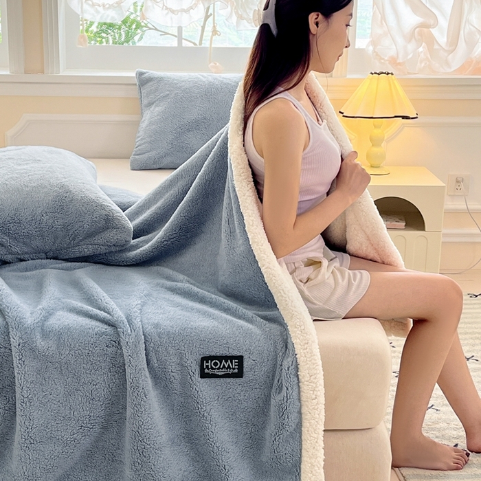 91家纺网 家纺一手货源 找家纺 欧邦 2025新款A类舒棉半边绒羊羔绒双层毛毯跨境 双层-云雾蓝