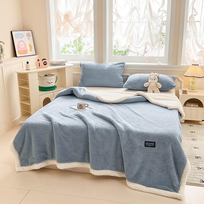 91家纺网 家纺一手货源 找家纺 欧邦 2025新款A类舒棉半边绒羊羔绒双层毛毯跨境 双层-云雾蓝