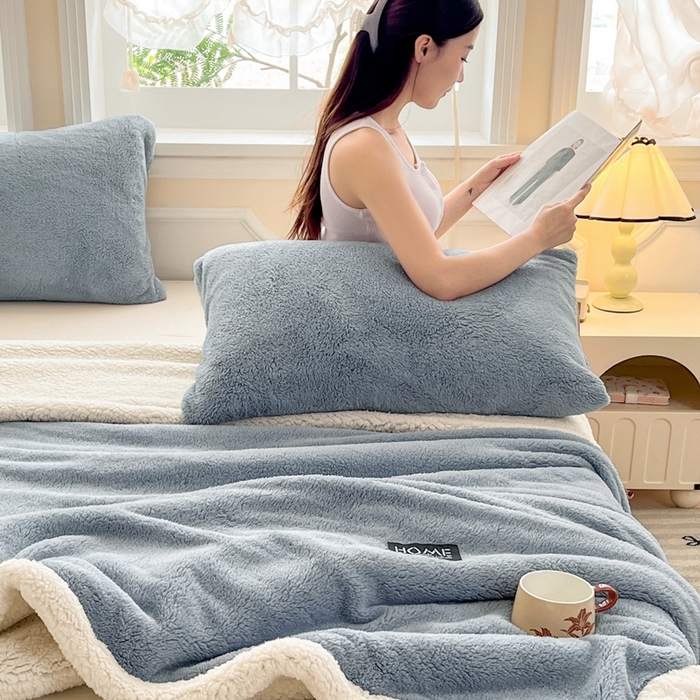 91家纺网 家纺一手货源 找家纺 欧邦 2025新款A类舒棉半边绒羊羔绒双层毛毯跨境 双层-云雾蓝