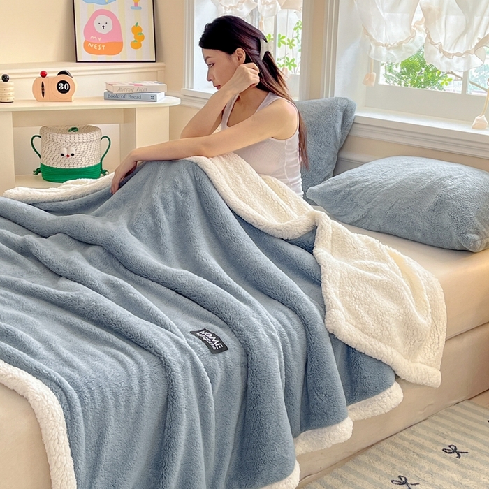 91家纺网 家纺一手货源 找家纺 欧邦 2025新款A类舒棉半边绒羊羔绒双层毛毯跨境 双层-云雾蓝