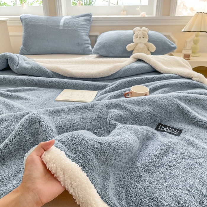 91家纺网 家纺一手货源 找家纺 欧邦 2025新款A类舒棉半边绒羊羔绒双层毛毯跨境 双层-云雾蓝