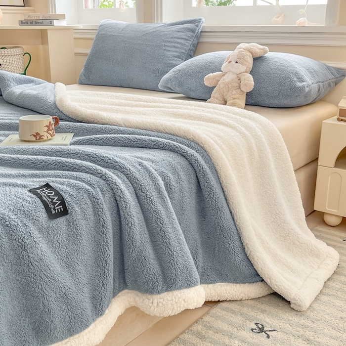 91家纺网 家纺一手货源 找家纺 欧邦 2025新款A类舒棉半边绒羊羔绒双层毛毯跨境 双层-云雾蓝