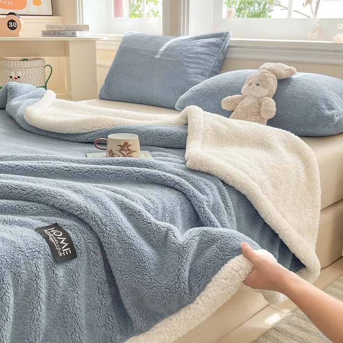 91家纺网 家纺一手货源 找家纺 欧邦 2025新款A类舒棉半边绒羊羔绒双层毛毯跨境 双层-云雾蓝