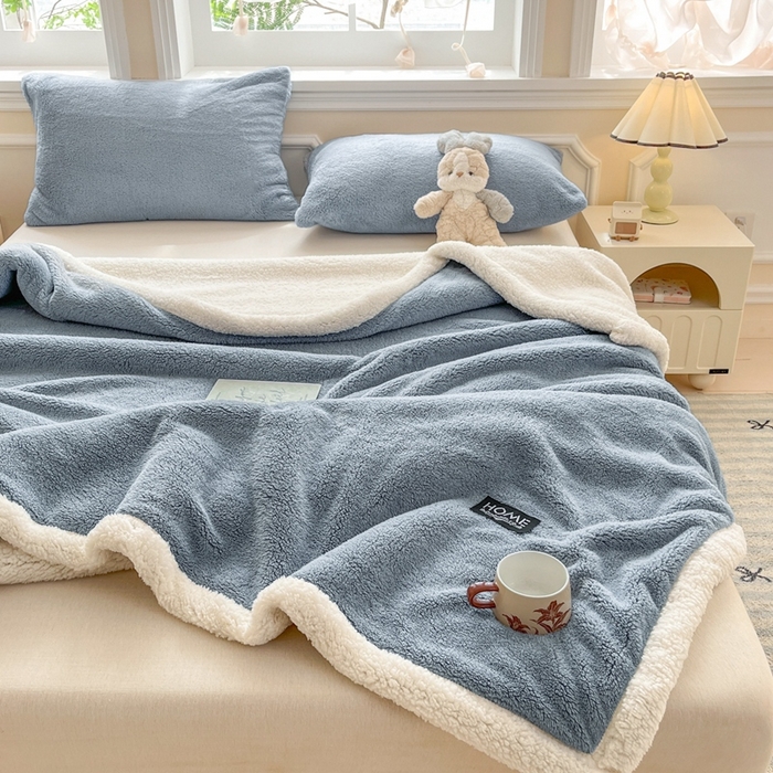 91家纺网 家纺一手货源 找家纺 欧邦 2025新款A类舒棉半边绒羊羔绒双层毛毯跨境 双层-云雾蓝