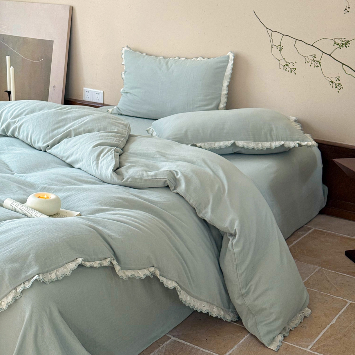 91家纺网 家纺一手货源 找家纺 （总）FORTWO家纺原创设计（FOR TWO家纺） 2025新款双层纱刺绣花边款四件套-安妮