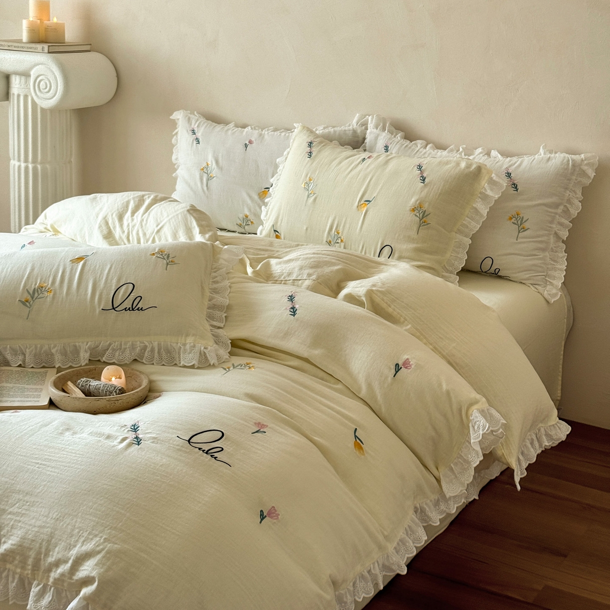 91家纺网 家纺一手货源 找家纺 FORTWO家纺原创设计（FOR TWO家纺） 2025新款40支全棉纯棉双层纱刺绣花边款四件套-小花园 小花园-黄