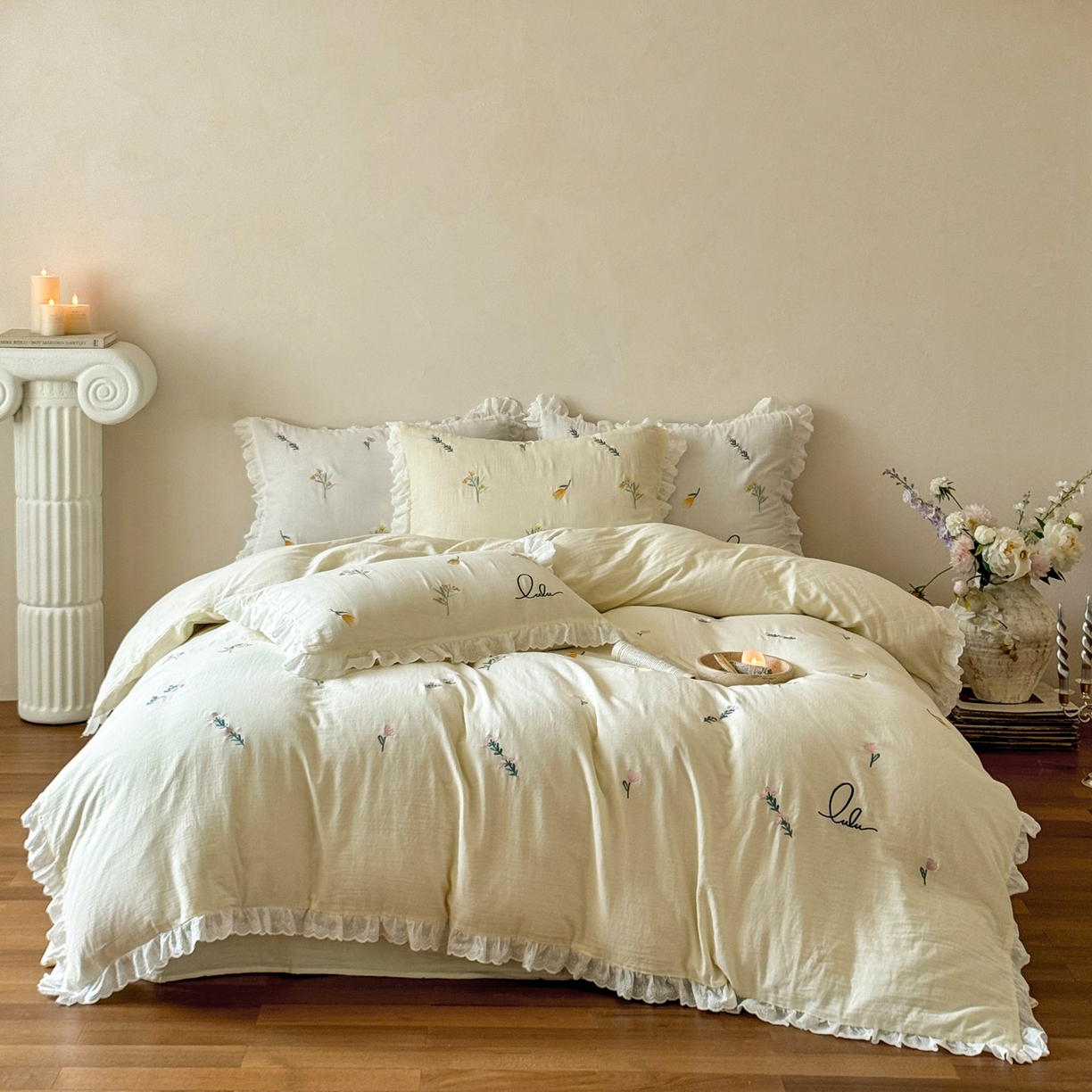 91家纺网 家纺一手货源 找家纺 FORTWO家纺原创设计（FOR TWO家纺） 2025新款40支全棉纯棉双层纱刺绣花边款四件套-小花园 小花园-黄