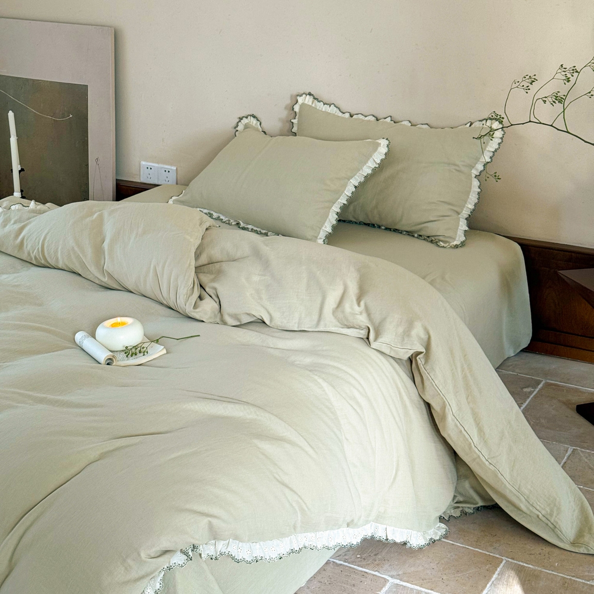 FORTWO家纺原创设计（FOR TWO家纺） 2025新款双层纱刺绣花边款四件套-安妮 安妮-瓷绿