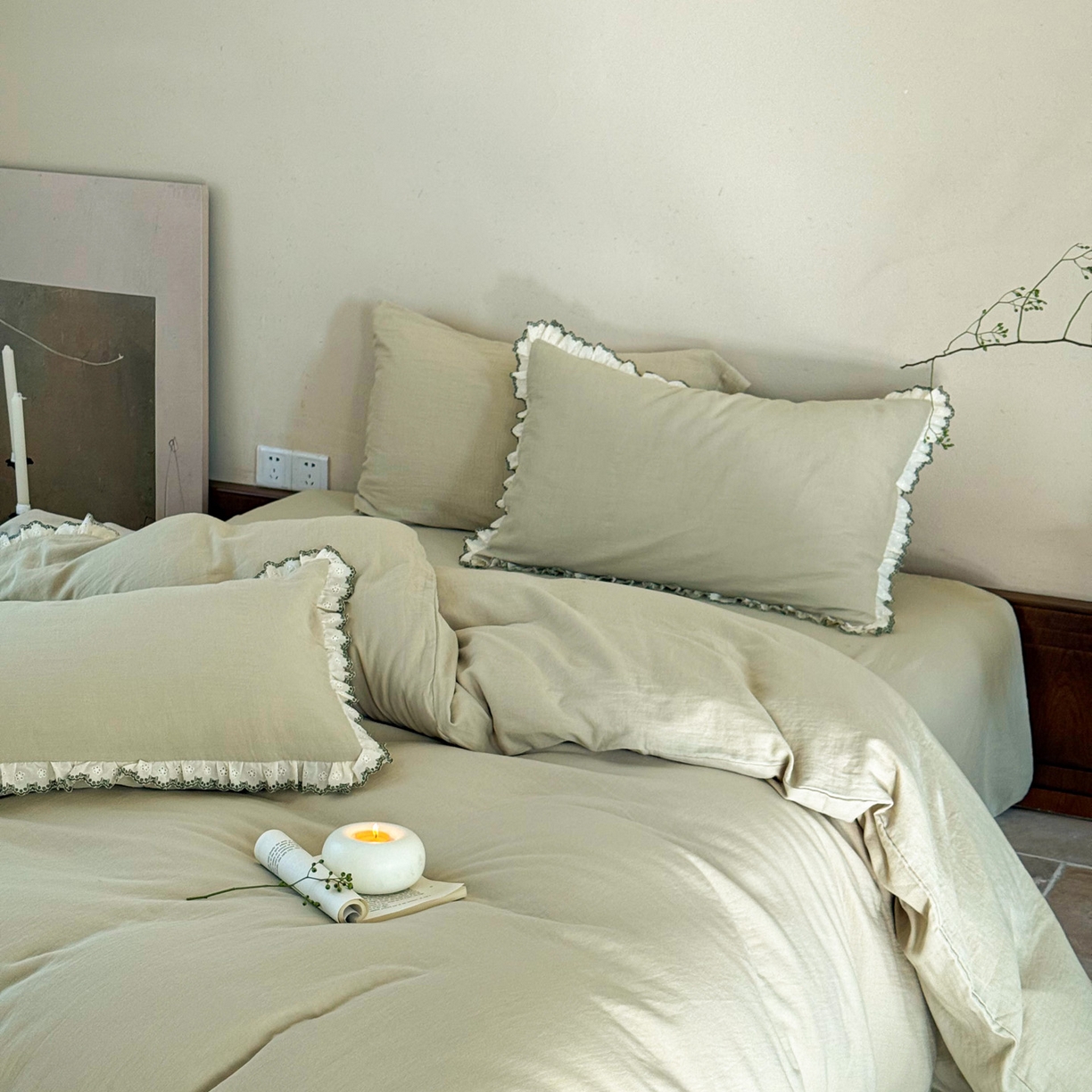 91家纺网 家纺一手货源 找家纺 FORTWO家纺原创设计（FOR TWO家纺） 2025新款双层纱刺绣花边款四件套-安妮 安妮-瓷绿