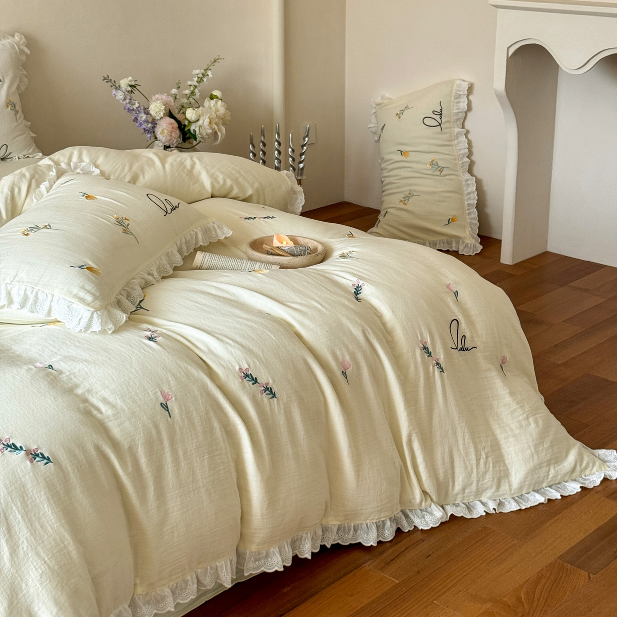 91家纺网 家纺一手货源 找家纺 FORTWO家纺原创设计（FOR TWO家纺） 2025新款40支全棉纯棉双层纱刺绣花边款四件套-小花园 小花园-黄