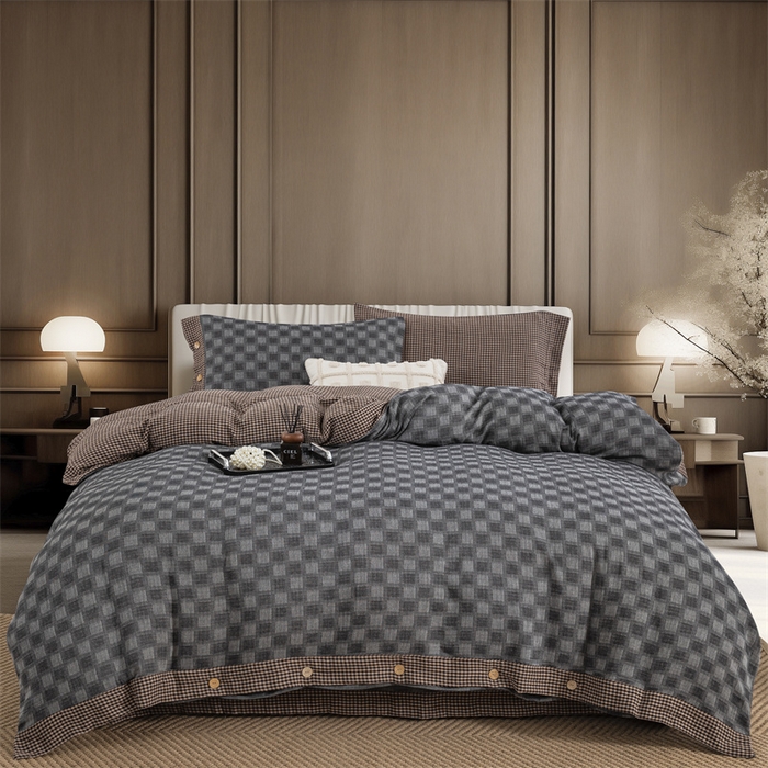 91家纺网 家纺一手货源 找家纺 双层纱家居 2025新款格子款双层纱四件套 朦胧格浅灰
