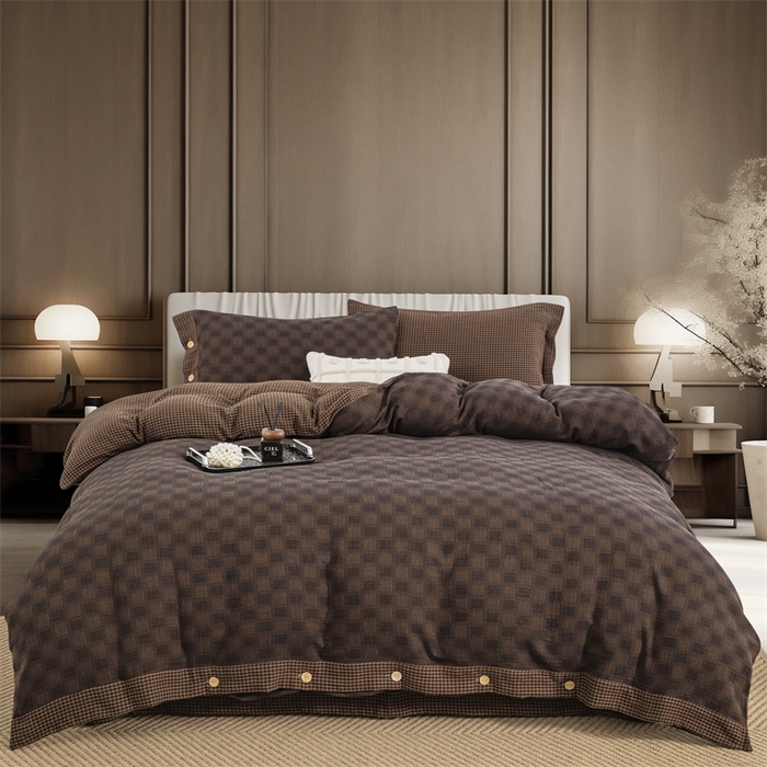 91家纺网 家纺一手货源 找家纺 双层纱家居 2025新款格子款双层纱四件套 朦胧格深咖色