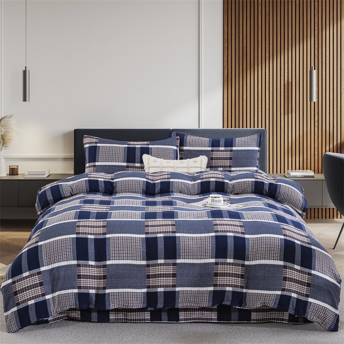 91家纺网 家纺一手货源 找家纺 双层纱家居 2025新款格子款双层纱四件套 朦胧蓝大格