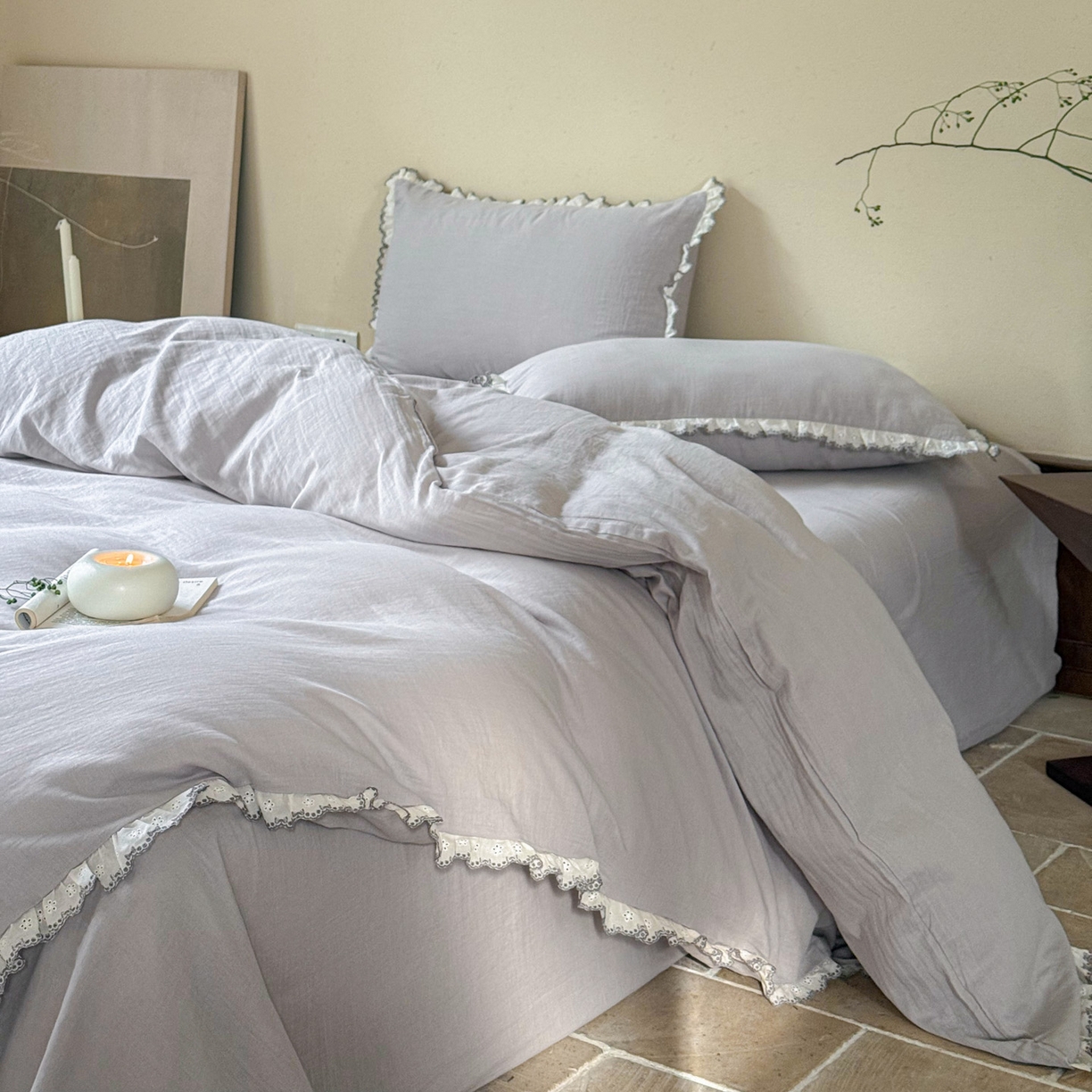 FORTWO家纺原创设计（FOR TWO家纺） 2025新款双层纱刺绣花边款四件套-安妮 安妮-灰