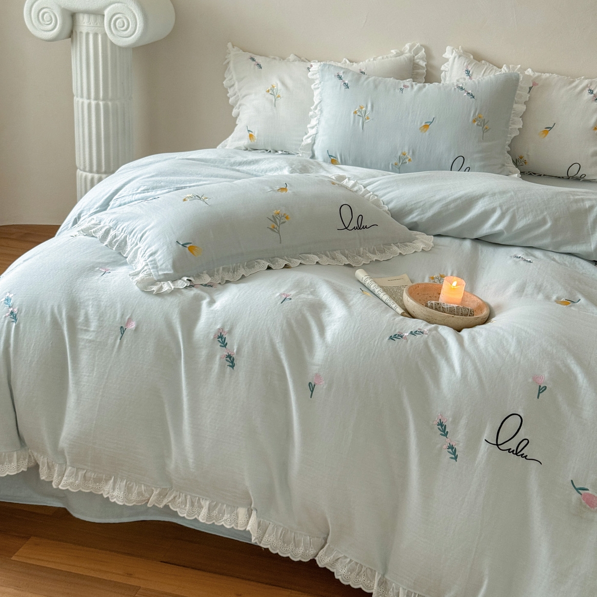 91家纺网 家纺一手货源 找家纺 FORTWO家纺原创设计（FOR TWO家纺） 2025新款40支全棉纯棉双层纱刺绣花边款四件套-小花园 小花园-兰