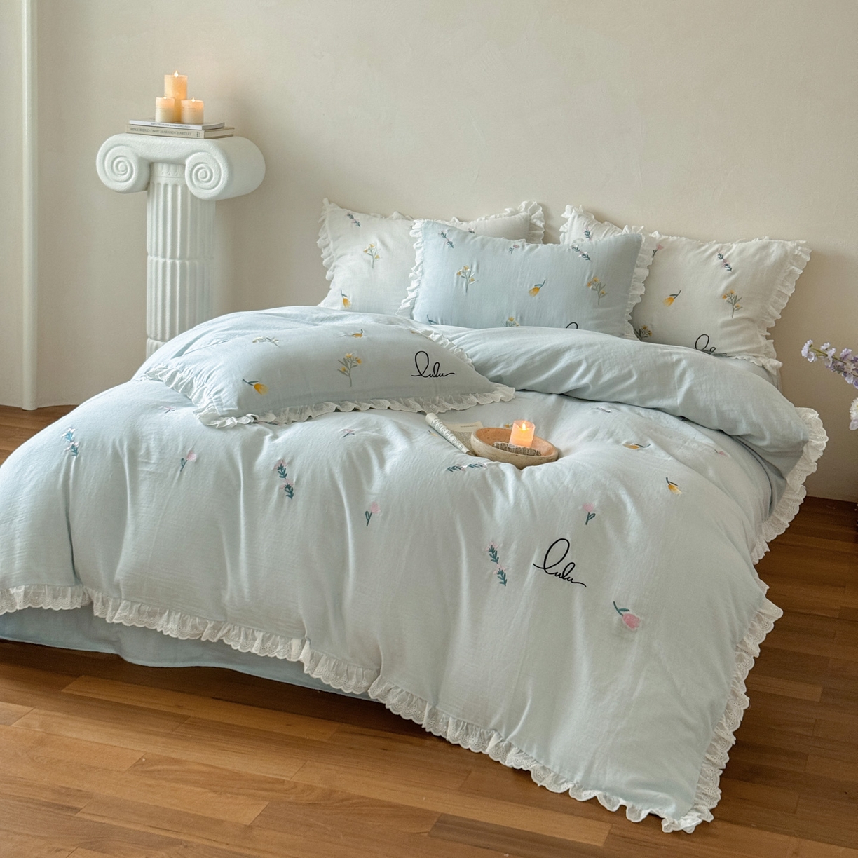 91家纺网 家纺一手货源 找家纺 FORTWO家纺原创设计（FOR TWO家纺） 2025新款40支全棉纯棉双层纱刺绣花边款四件套-小花园 小花园-兰