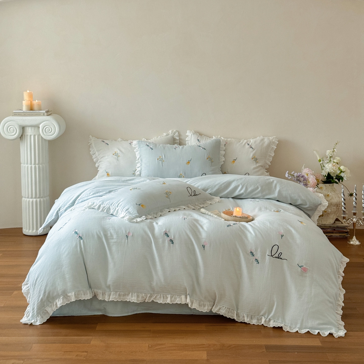 91家纺网 家纺一手货源 找家纺 FORTWO家纺原创设计（FOR TWO家纺） 2025新款40支全棉纯棉双层纱刺绣花边款四件套-小花园 小花园-兰