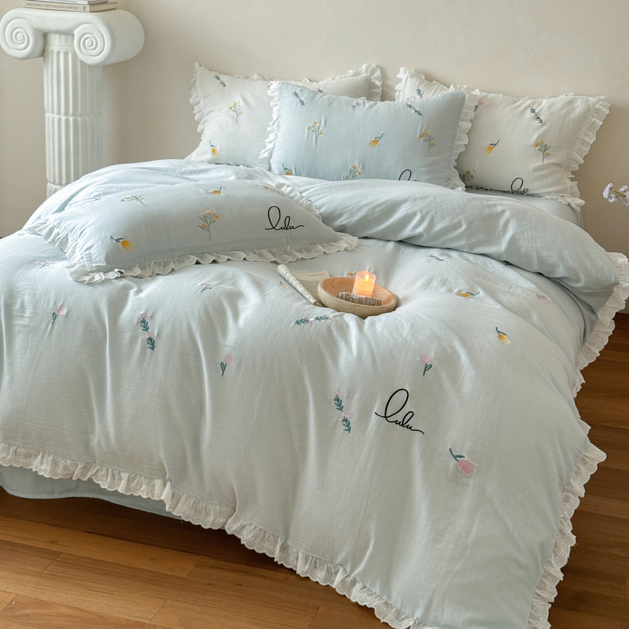 91家纺网 家纺一手货源 找家纺 FORTWO家纺原创设计（FOR TWO家纺） 2025新款40支全棉纯棉双层纱刺绣花边款四件套-小花园 小花园-兰