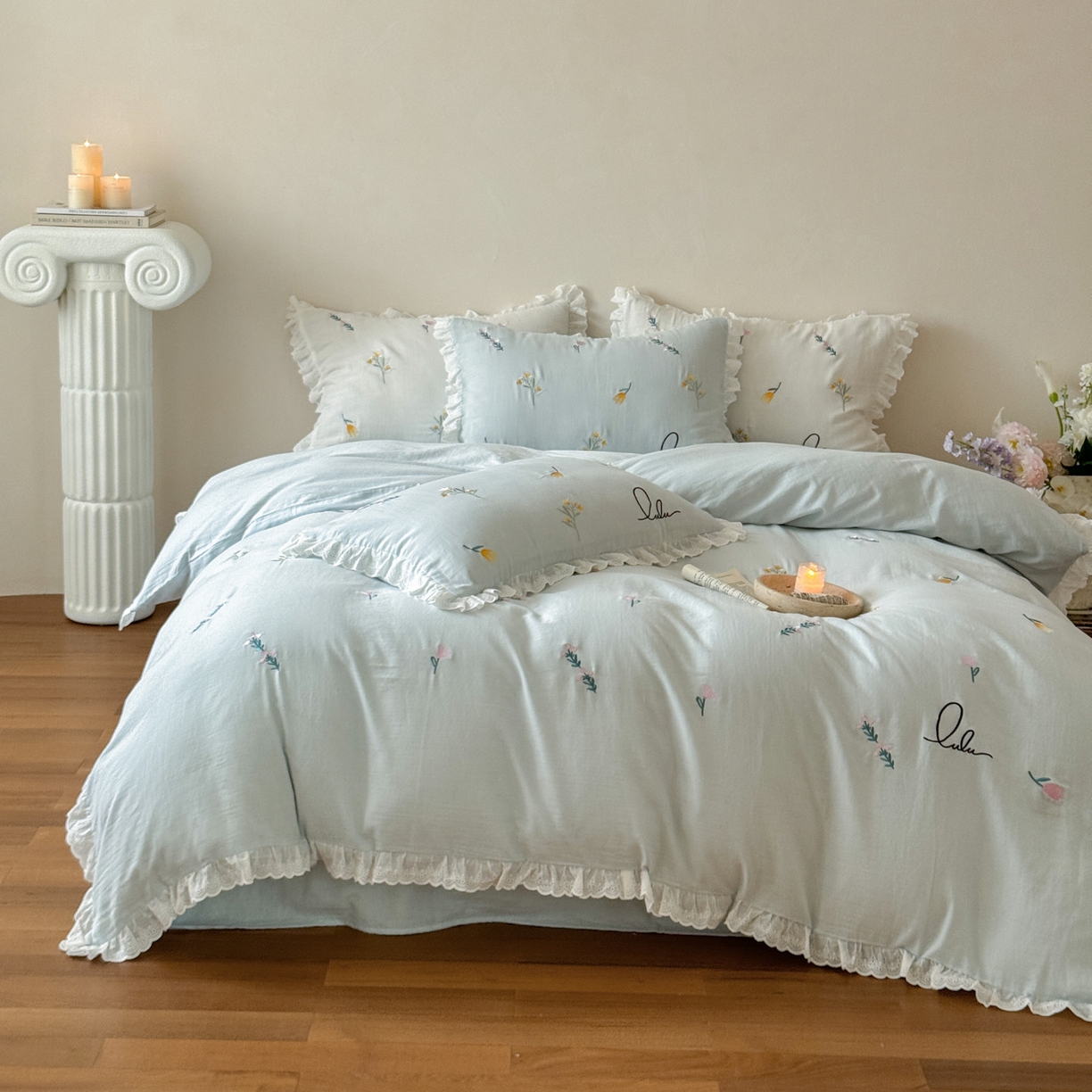 91家纺网 家纺一手货源 找家纺 FORTWO家纺原创设计（FOR TWO家纺） 2025新款40支全棉纯棉双层纱刺绣花边款四件套-小花园 小花园-兰