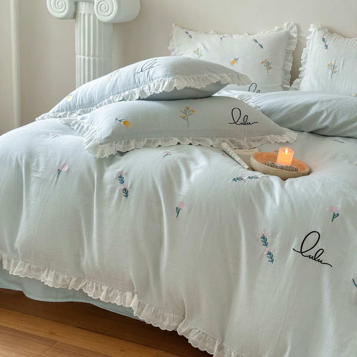 91家纺网 家纺一手货源 找家纺 FORTWO家纺原创设计（FOR TWO家纺） 2025新款40支全棉纯棉双层纱刺绣花边款四件套-小花园 小花园-兰