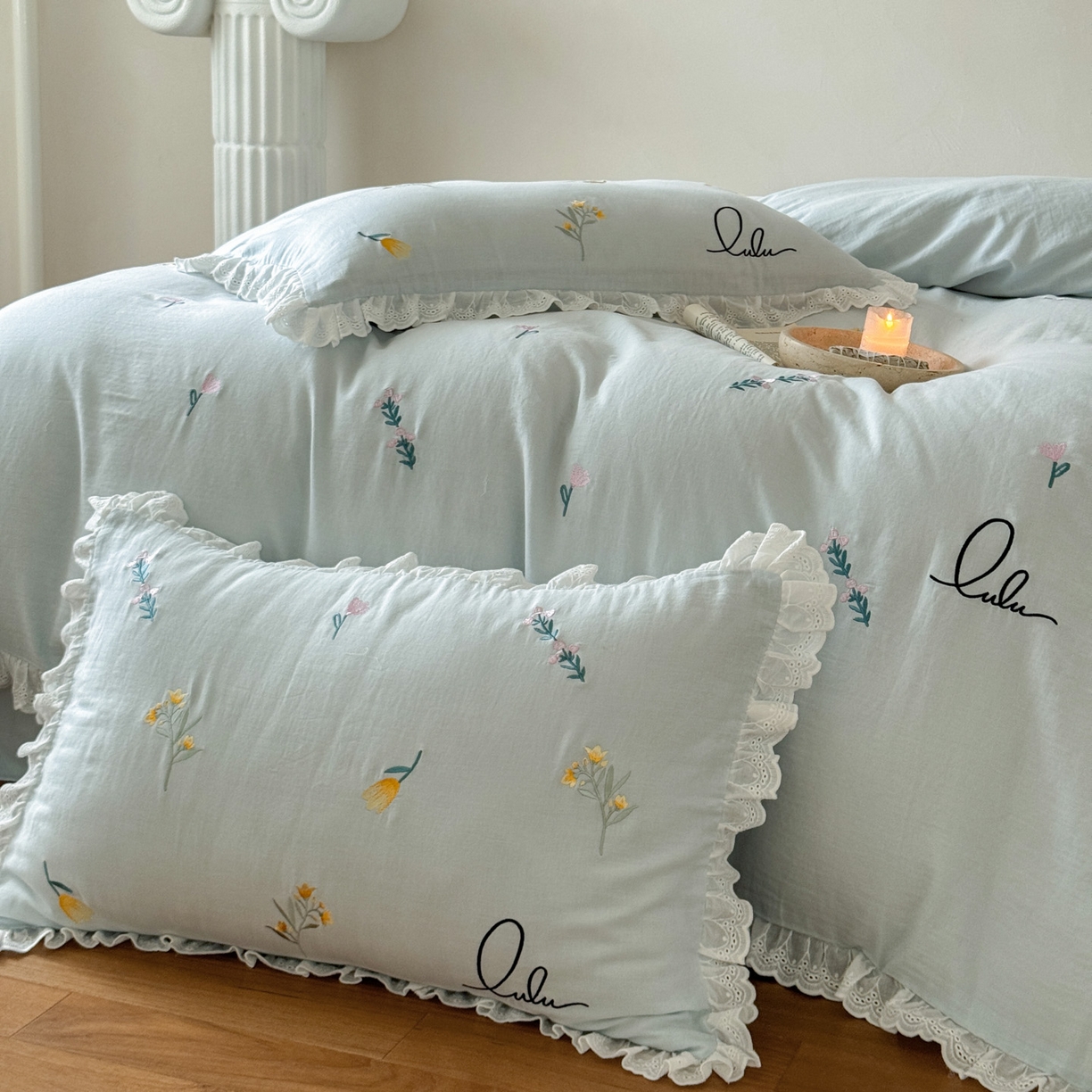 91家纺网 家纺一手货源 找家纺 FORTWO家纺原创设计（FOR TWO家纺） 2025新款40支全棉纯棉双层纱刺绣花边款四件套-小花园 小花园-兰