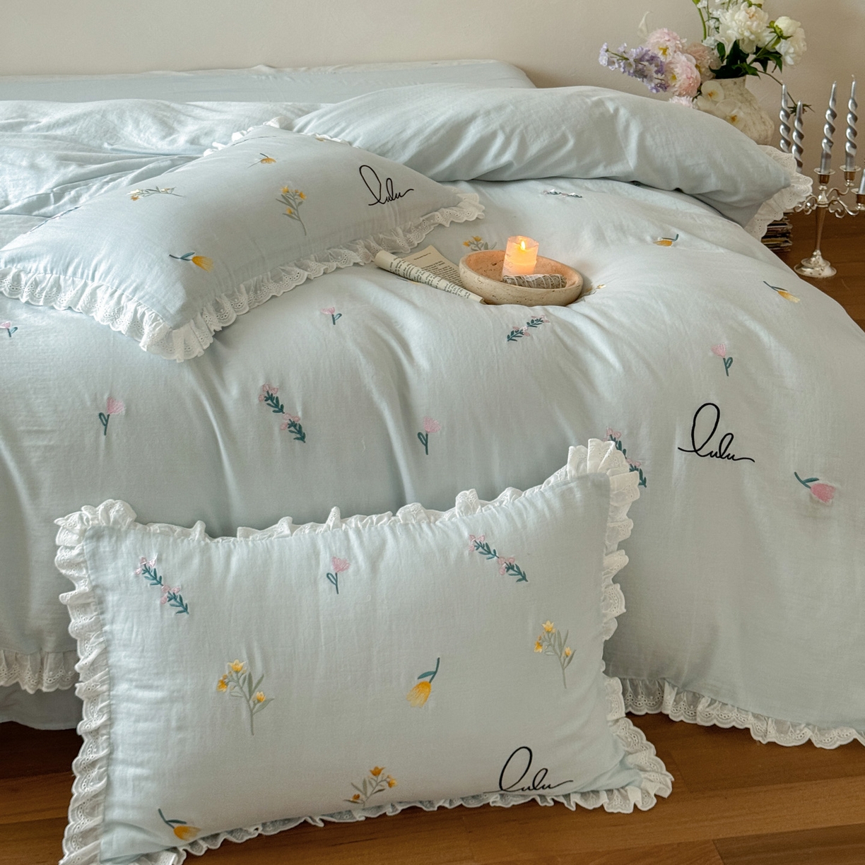 91家纺网 家纺一手货源 找家纺 FORTWO家纺原创设计（FOR TWO家纺） 2025新款40支全棉纯棉双层纱刺绣花边款四件套-小花园 小花园-兰