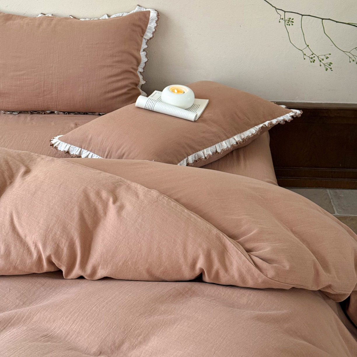 91家纺网 家纺一手货源 找家纺 FORTWO家纺原创设计（FOR TWO家纺） 2025新款双层纱刺绣花边款四件套-安妮 安妮-咖