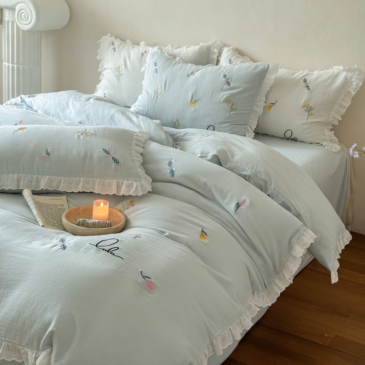 91家纺网 家纺一手货源 找家纺 FORTWO家纺原创设计（FOR TWO家纺） 2025新款40支全棉纯棉双层纱刺绣花边款四件套-小花园 小花园-兰