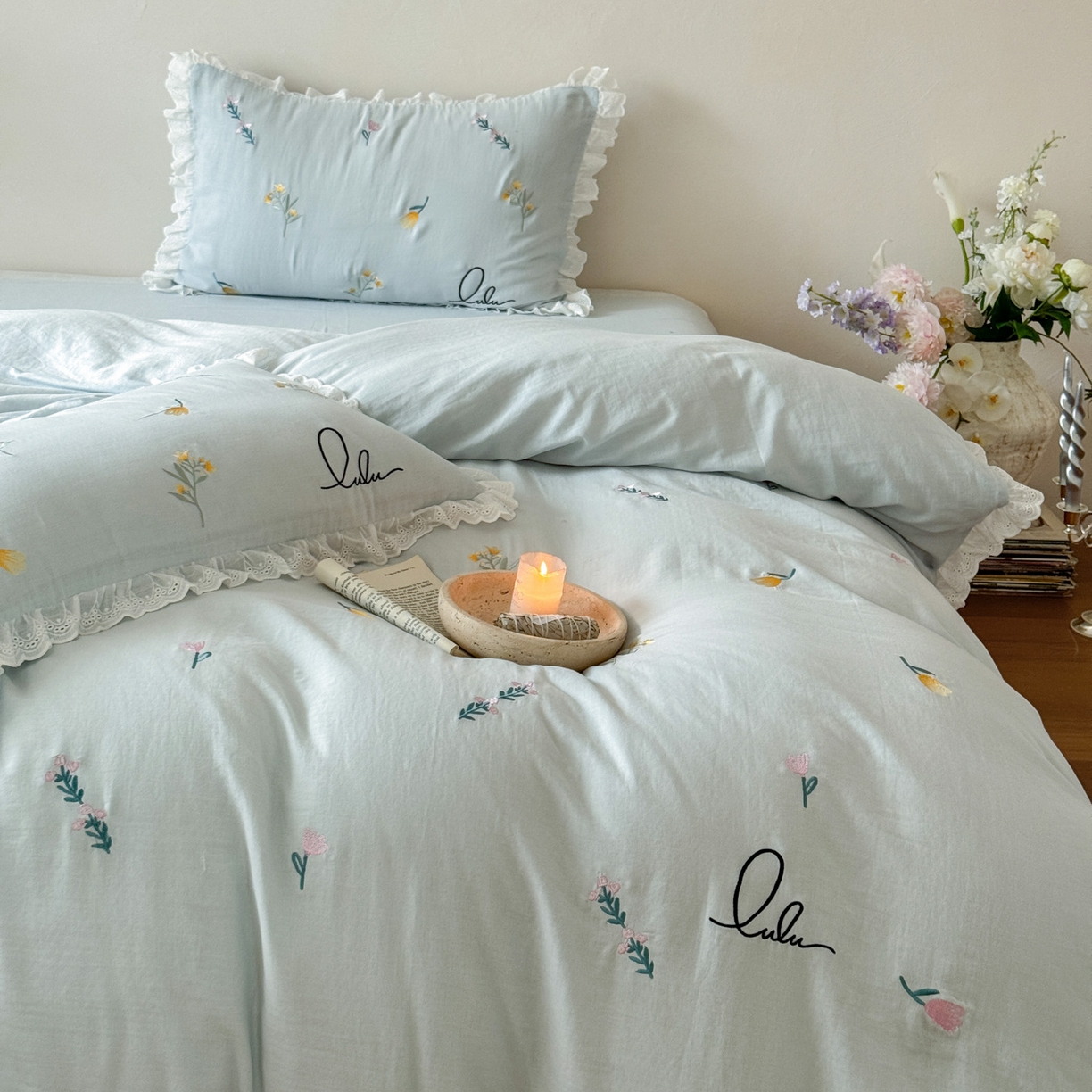 91家纺网 家纺一手货源 找家纺 FORTWO家纺原创设计（FOR TWO家纺） 2025新款40支全棉纯棉双层纱刺绣花边款四件套-小花园 小花园-兰