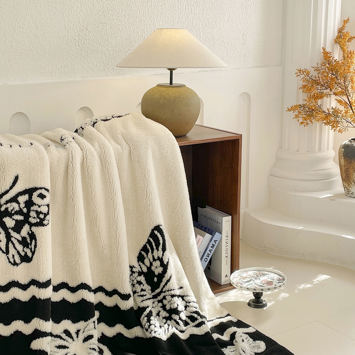 91家纺网 家纺一手货源 找家纺 十里居 2025新款双面印花舒棉绒毛毯多功能盖毯沙发毯跨境毛毯 黑蝴蝶