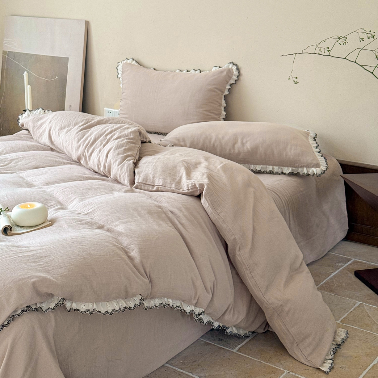 FORTWO家纺原创设计（FOR TWO家纺） 2025新款双层纱刺绣花边款四件套-安妮 安妮-卡其