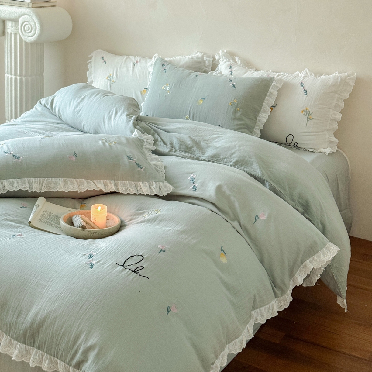 FORTWO家纺原创设计（FOR TWO家纺） 2025新款40支全棉纯棉双层纱刺绣花边款四件套-小花园 小花园-绿