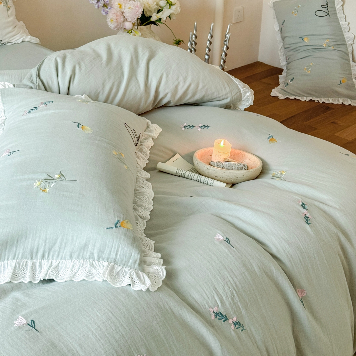 91家纺网 家纺一手货源 找家纺 FORTWO家纺原创设计（FOR TWO家纺） 2025新款40支全棉纯棉双层纱刺绣花边款四件套-小花园 小花园-绿