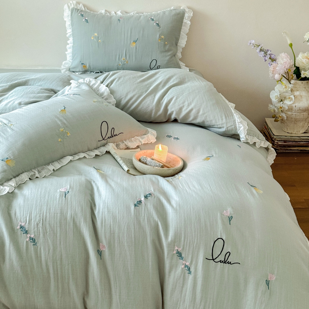 91家纺网 家纺一手货源 找家纺 FORTWO家纺原创设计（FOR TWO家纺） 2025新款40支全棉纯棉双层纱刺绣花边款四件套-小花园 小花园-绿